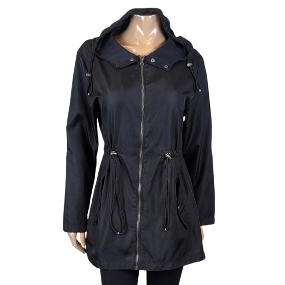 💠Nanette Lepore Hooded Windbreaker Jacket Cinch Waist Lightweight Roll Tab